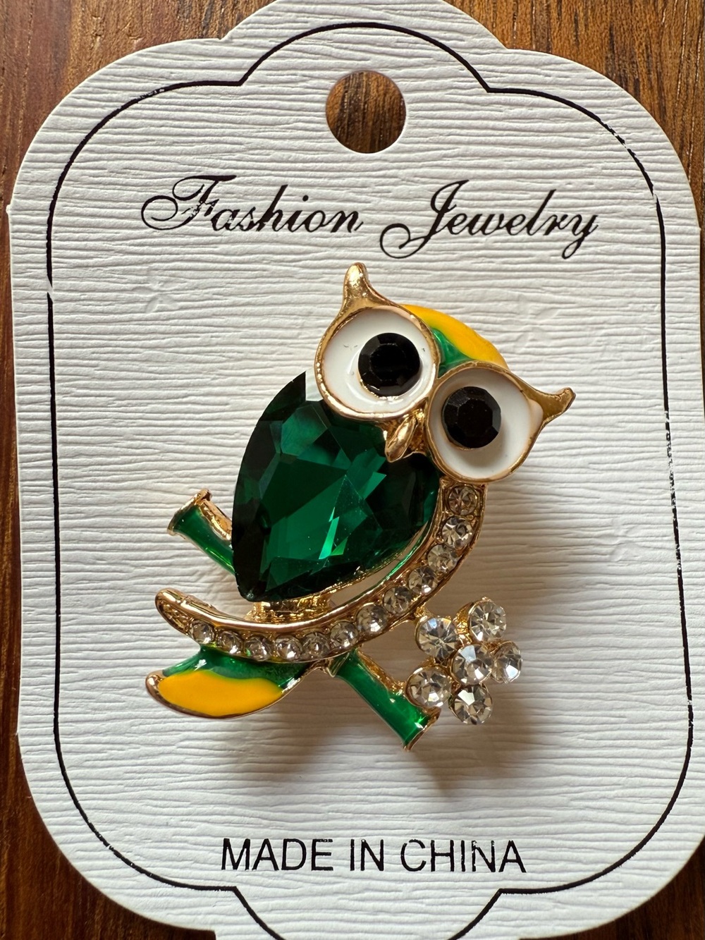 Fashion Jewelry Green and Yellow Owl Bird Rhinestone Brooch Pin Floral Enamel